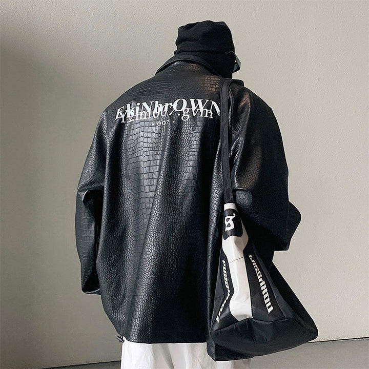 Men's Oversized Faux Leather Jacket with Crocodile Embossing and Back Logo Mune Fashion