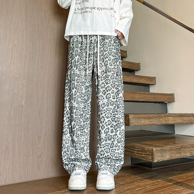 Men's Loose Fit Leopard Print Pants made of Lightweight Viscose Blend with Drawstring Mune Fashion