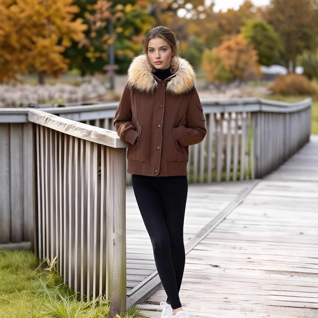 Women's Padded Bomber Jacket with Hood and Removable Faux Fur Collar Mune Fashion