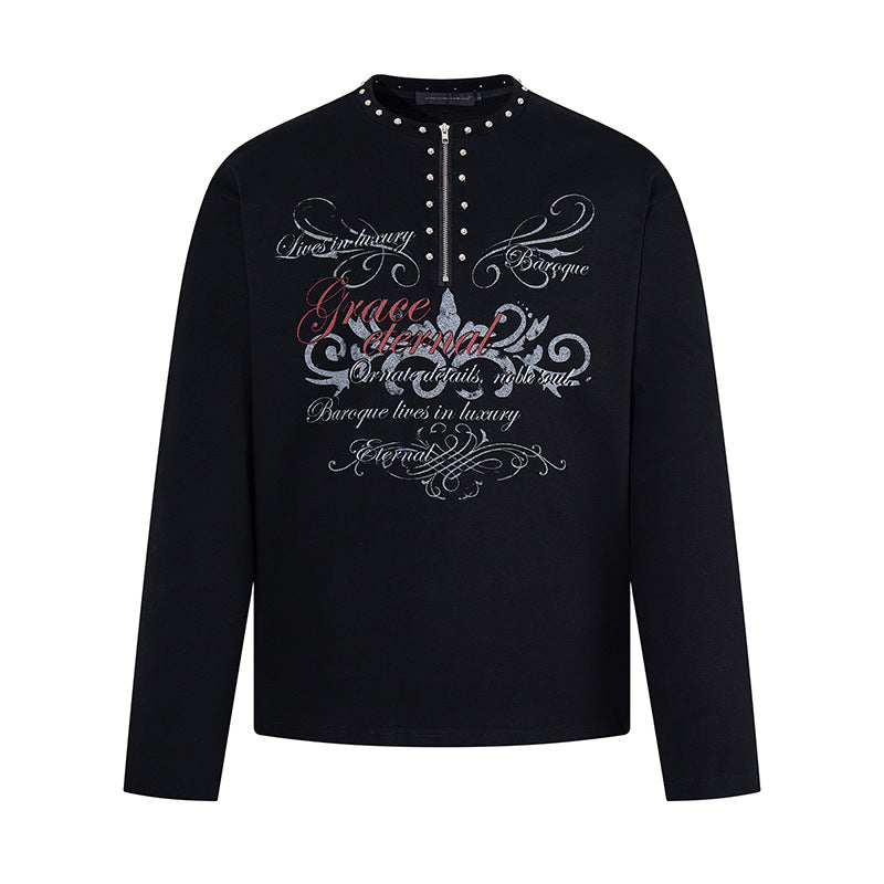 Women's long sleeve shirt with half zipper, studded collar and baroque text print Mune Fashion
