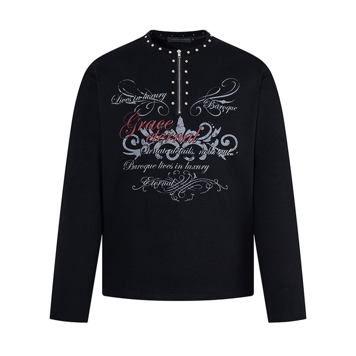 Women's long sleeve shirt with half zipper, studded collar and baroque text print Mune Fashion