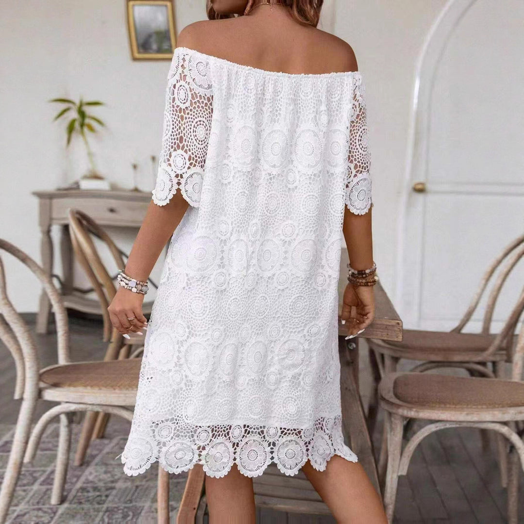 Women's off-shoulder crochet midi dress with sweetheart neckline and floral lace trim Mune Fashion