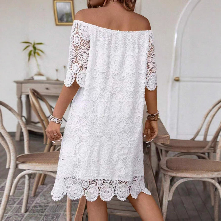 Women's off-shoulder crochet midi dress with sweetheart neckline and floral lace trim Mune Fashion