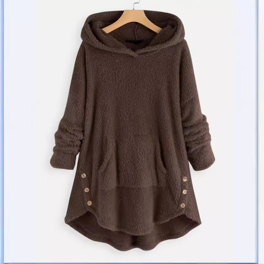 Women's cuddly teddy hoodie with kangaroo pocket, button placket on the sides and rounded hem Mune Fashion