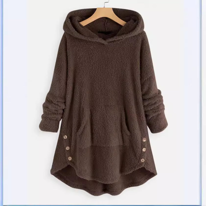 Women's cuddly teddy hoodie with kangaroo pocket, button placket on the sides and rounded hem Mune Fashion