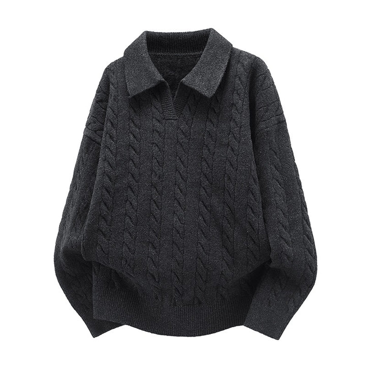 Women's Oversized Cable Knit Polo Sweater with V-Neck and Ribbed Hem Mune Fashion