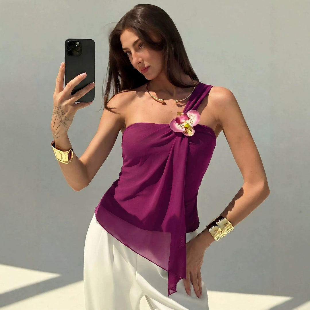 Women’s asymmetrical one-shoulder chiffon top with draping and decorative brooch Mune Fashion