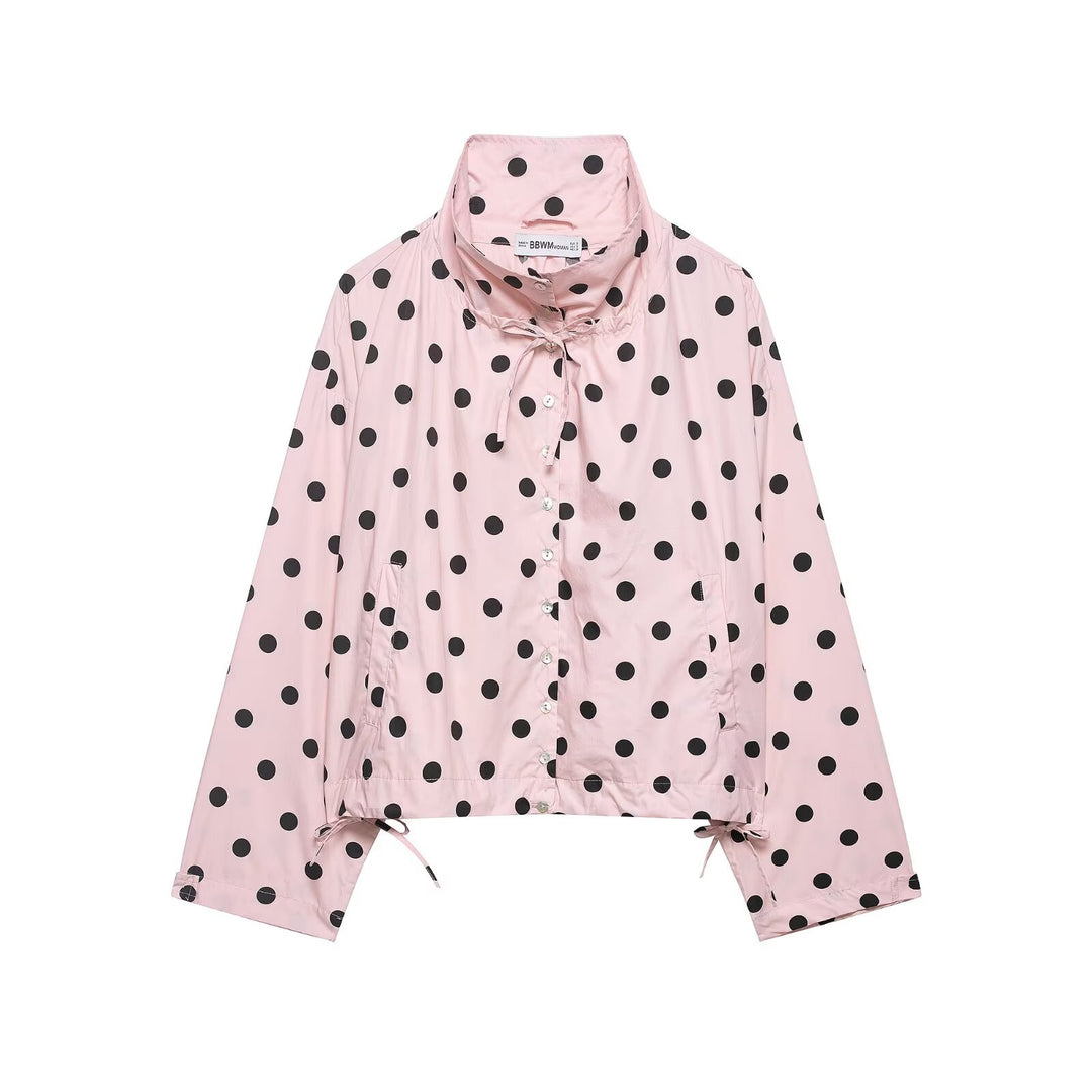Women's lightweight polka dot windbreaker jacket with drawstring and stand-up collar Mune Fashion