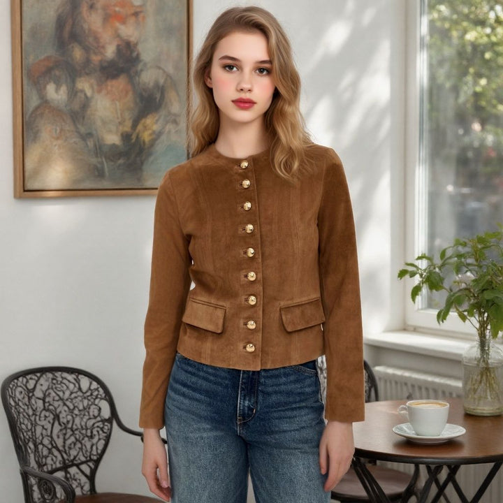 Women's Tailored Suede Look Jacket with Stand-Up Collar and Decorative Button Placket Mune Fashion