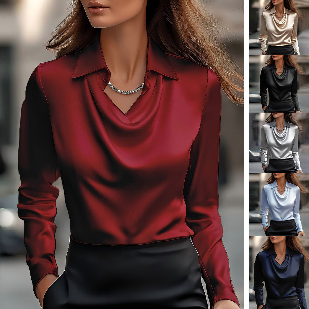 Ladies Elegant Blouse with Asymmetric Collar and Flowing Fall Mune Fashion