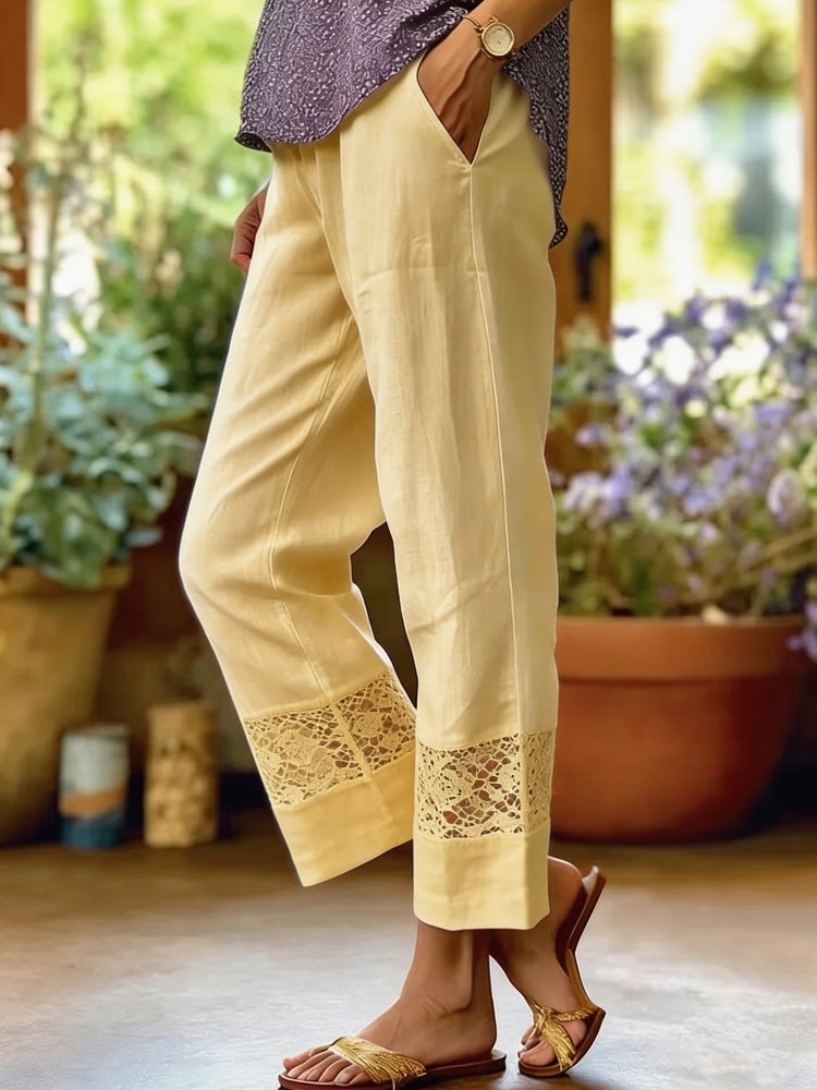 Women's Linen Look Culotte Pants with Lace Insert at Hem and Side Pockets Mune Fashion
