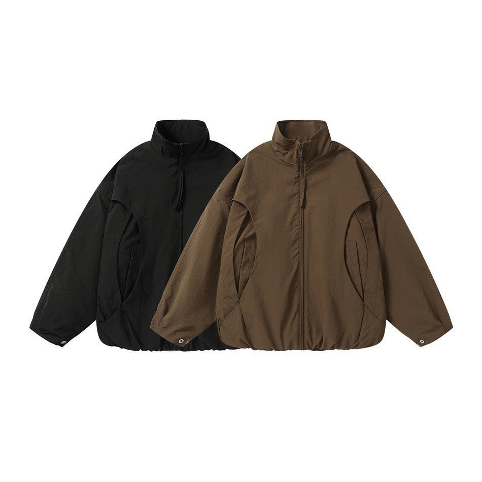 Unisex Short-cut Oversize Boxy Blouson with High Stand-up Collar, Curved Pocket Design and Elastic Hem Mune Fashion