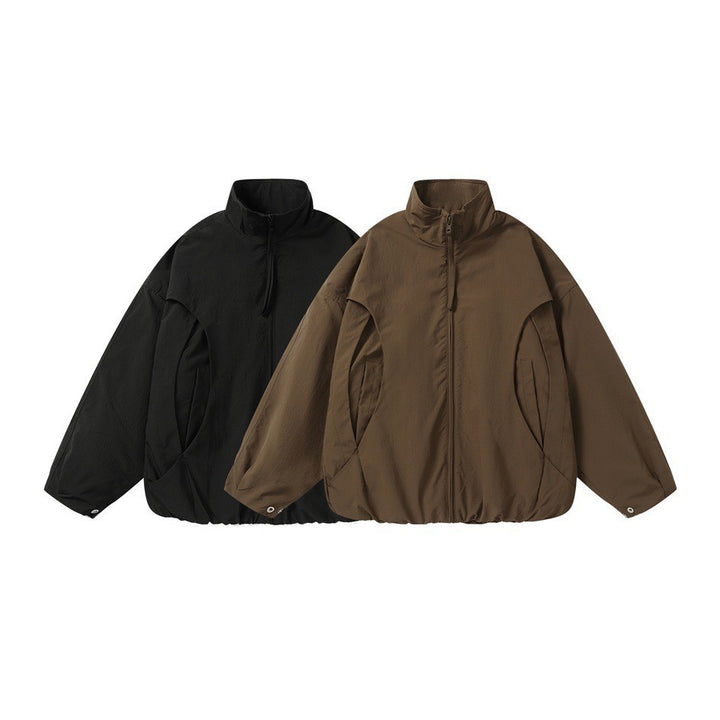 Unisex Short-cut Oversize Boxy Blouson with High Stand-up Collar, Curved Pocket Design and Elastic Hem Mune Fashion