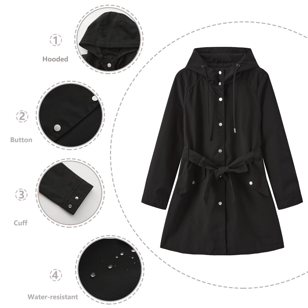 Women's lightweight raincoat in A-line cut with hood, drawstring, and tie belt Mune Fashion