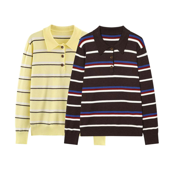Women's striped polo shirt sweater with turtleneck and subtle button placket Mune Fashion
