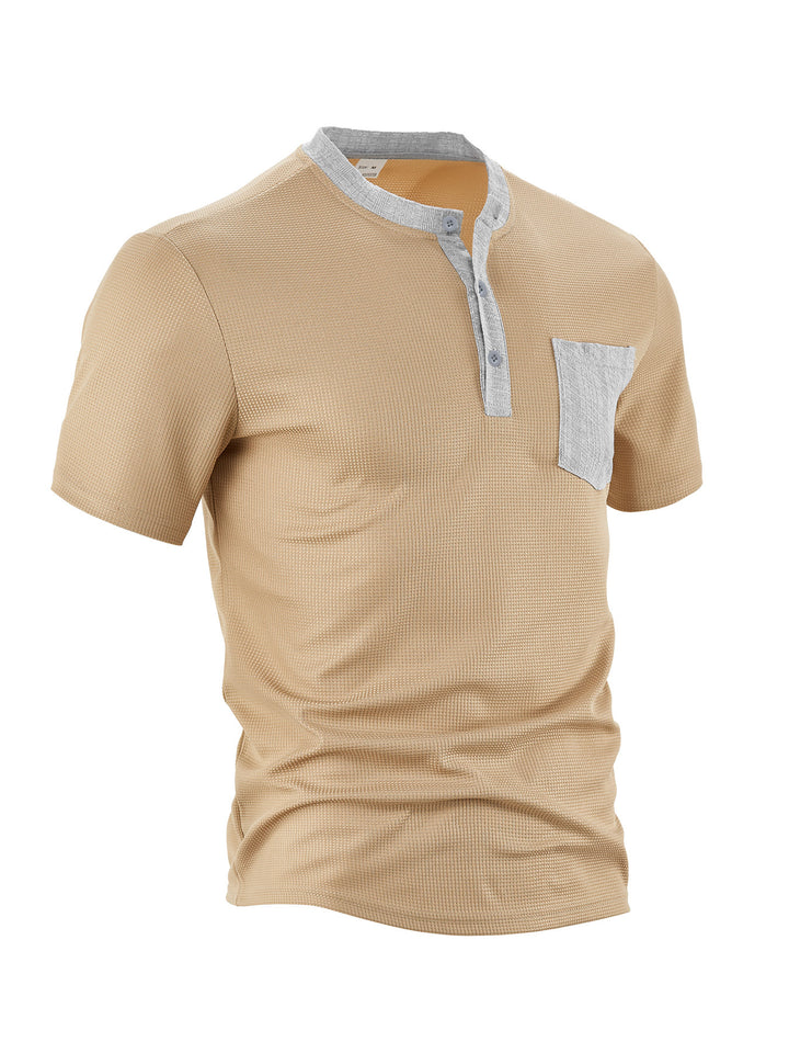 Men's breathable waffle henley shirt with stand-up collar, short button placket, and patch chest pocket Mune Fashion
