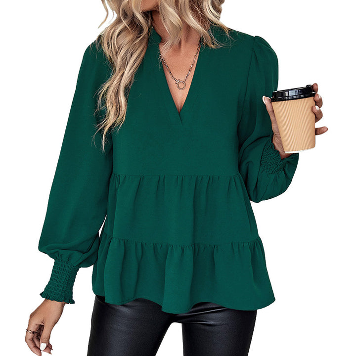 Women's Two-Tier Ruffle Blouse with V-Neck and Gathered Cuff Sleeves Mune Fashion