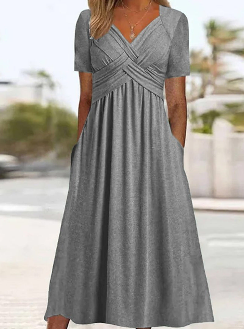 Women’s maxi dress short sleeve with crossover top and side pockets Mune Fashion