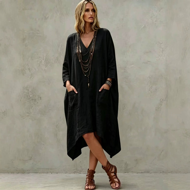 Women's Oversize Kaftan Dress with V-Neck, Side Pockets and Asymmetrical Hem Mune Fashion