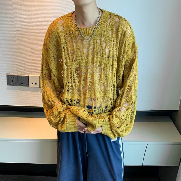 Men's Casual Knit Sweater with Hole Pattern Mune Fashion