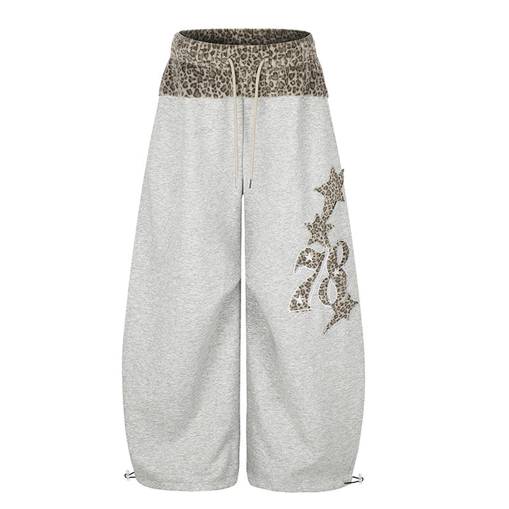 Women Extra Wide Palazzo Lounge Pants with High Comfort Waistband, Leopard Print Band and Decorative Star Number Appliqué Mune Fashion
