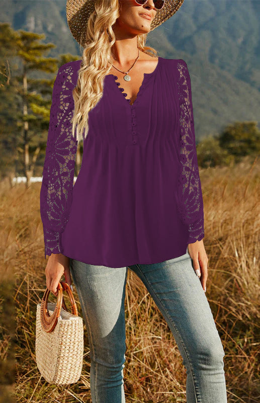 Women Loose Tunic Top with Lace Sleeves, Decorative Pleats and Button Placket Mune Fashion