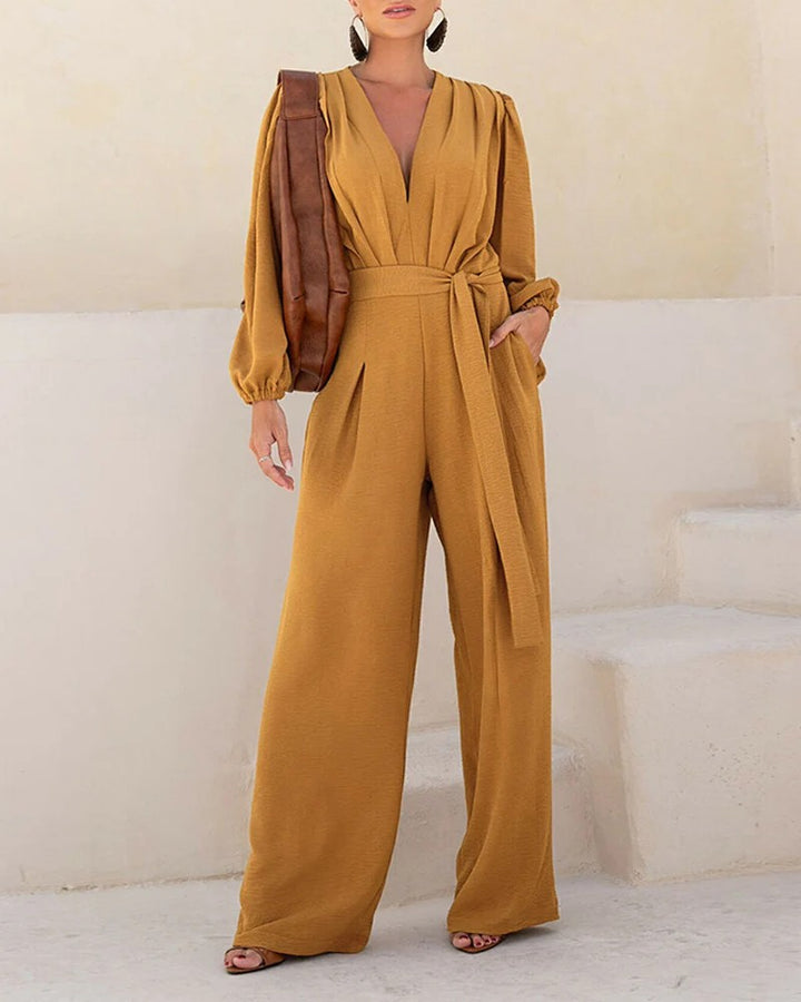 Women's Elegant Palazzo Jumpsuit with Deep V-Neck, Tie Belt and Balloon Sleeves Drune