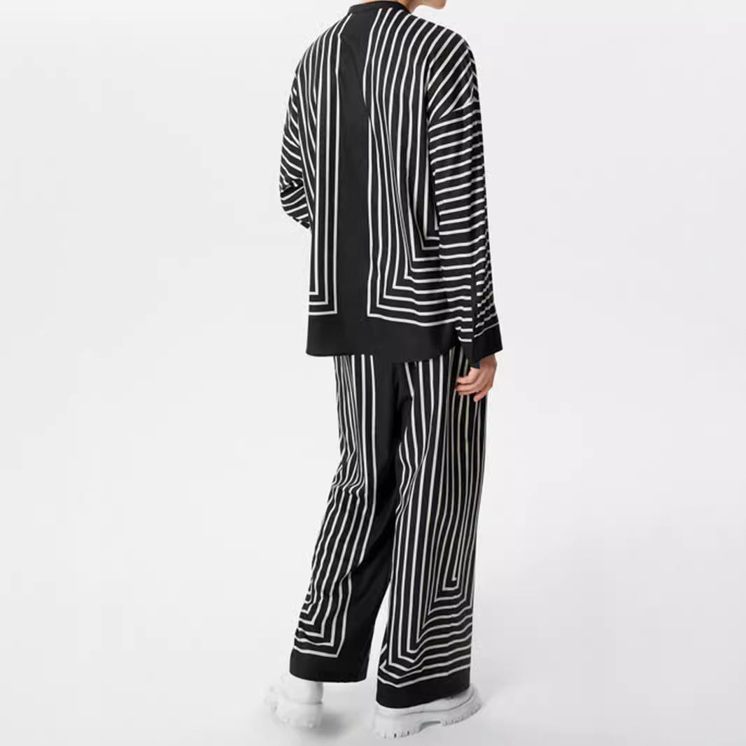 Women's striped lounge two-piece with stand-up collar button-up shirt jacket and straight pajama pants Mune Fashion