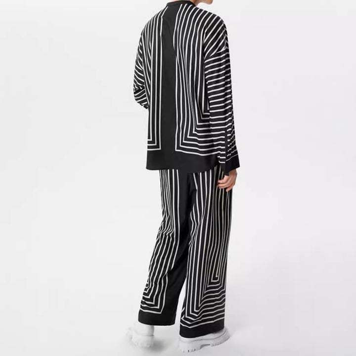 Women's striped lounge two-piece with stand-up collar button-up shirt jacket and straight pajama pants Mune Fashion