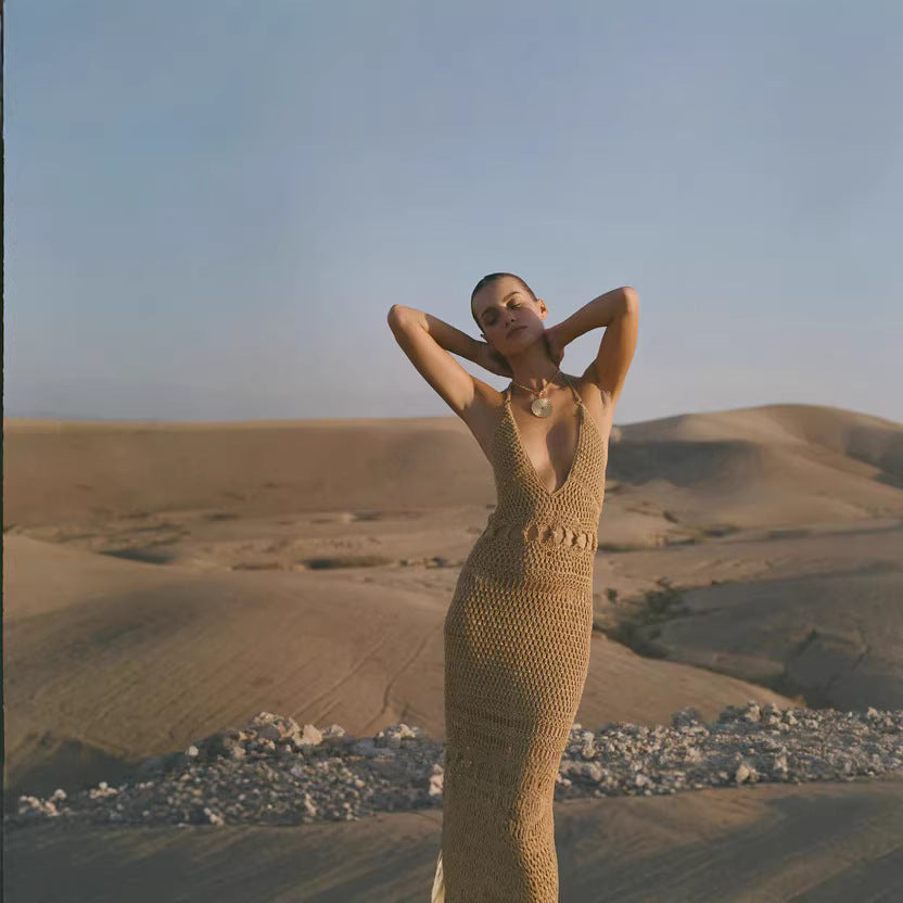 Women's Crochet Beach Dress with Deep V-Neck and Creative Cut-Out