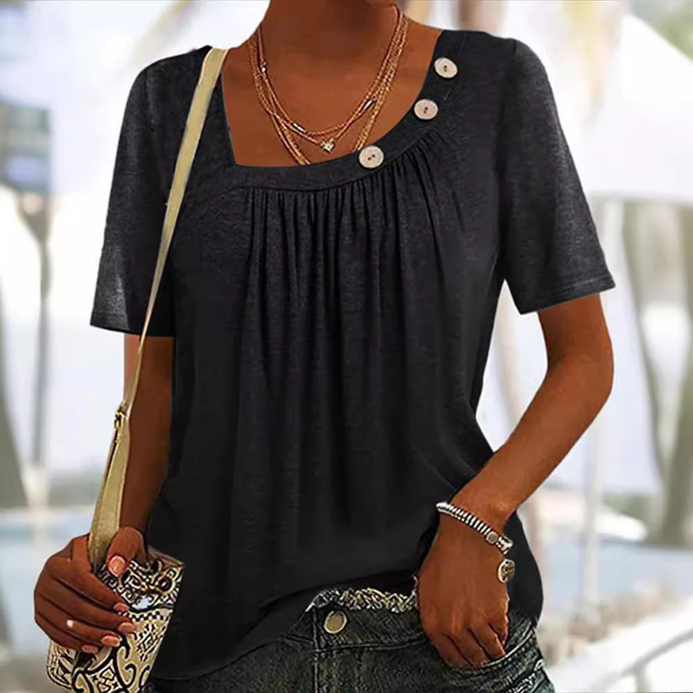 Women's boxy short-sleeve shirt with square neckline, gathered bust area and decorative button detail Mune Fashion