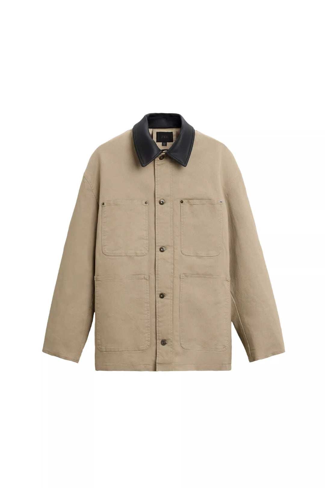 Men's Boxy Chore Jacket made of canvas with contrasting leather collar and four patch pockets Mune Fashion