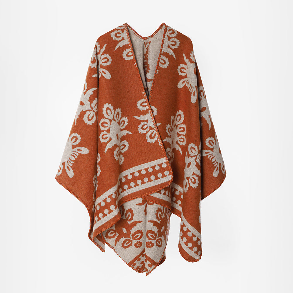 Women's Jacquard Cape Poncho with Floral Pattern and Oversized Fall Mune Fashion