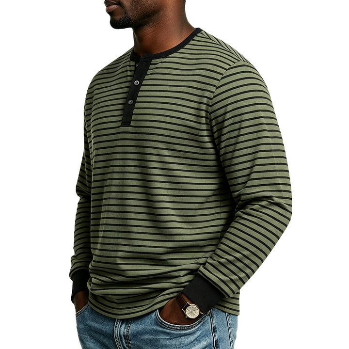 Men Striped Long Sleeve Henley Shirt Made of Cotton Blend with Button Placket Mune Fashion