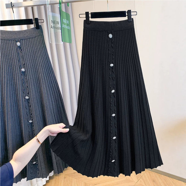 Women's Elegant Pleated Maxi Skirt with Button Details Mune Fashion