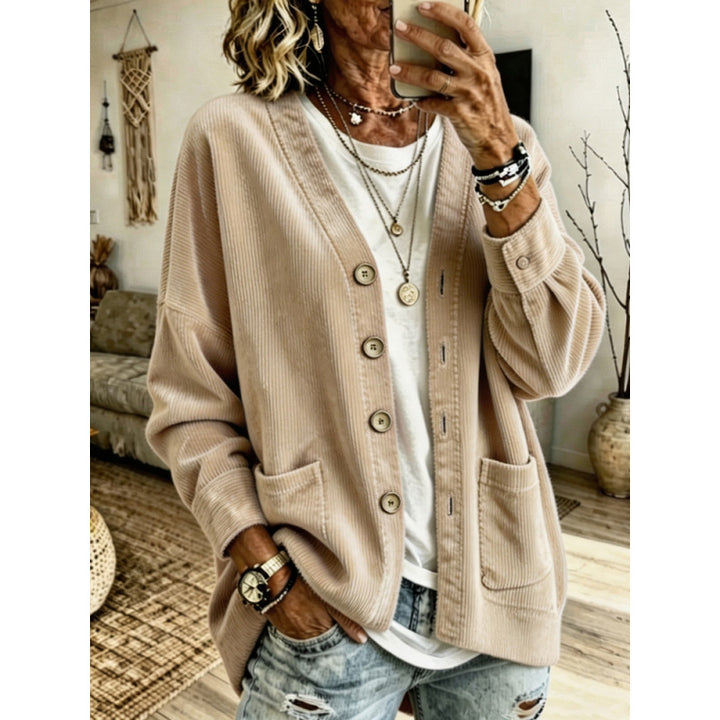 Women's Oversized Cord Cardigan with Patch Pockets and Wooden Buttons Mune Fashion
