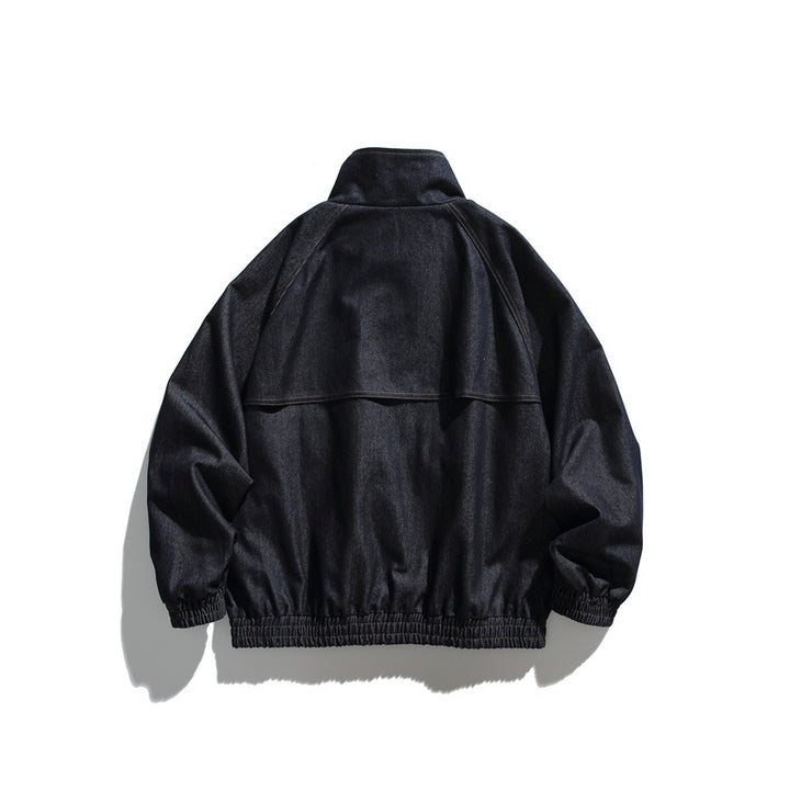 Unisex Boxy Denim Jacket with Stand-up Collar, Snap Button Front and Elastic Hem Mune Fashion