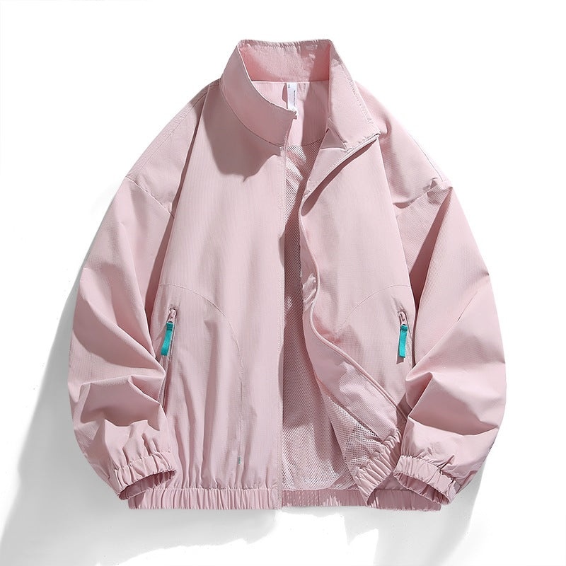Men's Lightweight Windbreaker Transitional Jacket with Stand Collar, Mesh Inner Lining, Zipper Pockets & Elastic Hem Mune Fashion