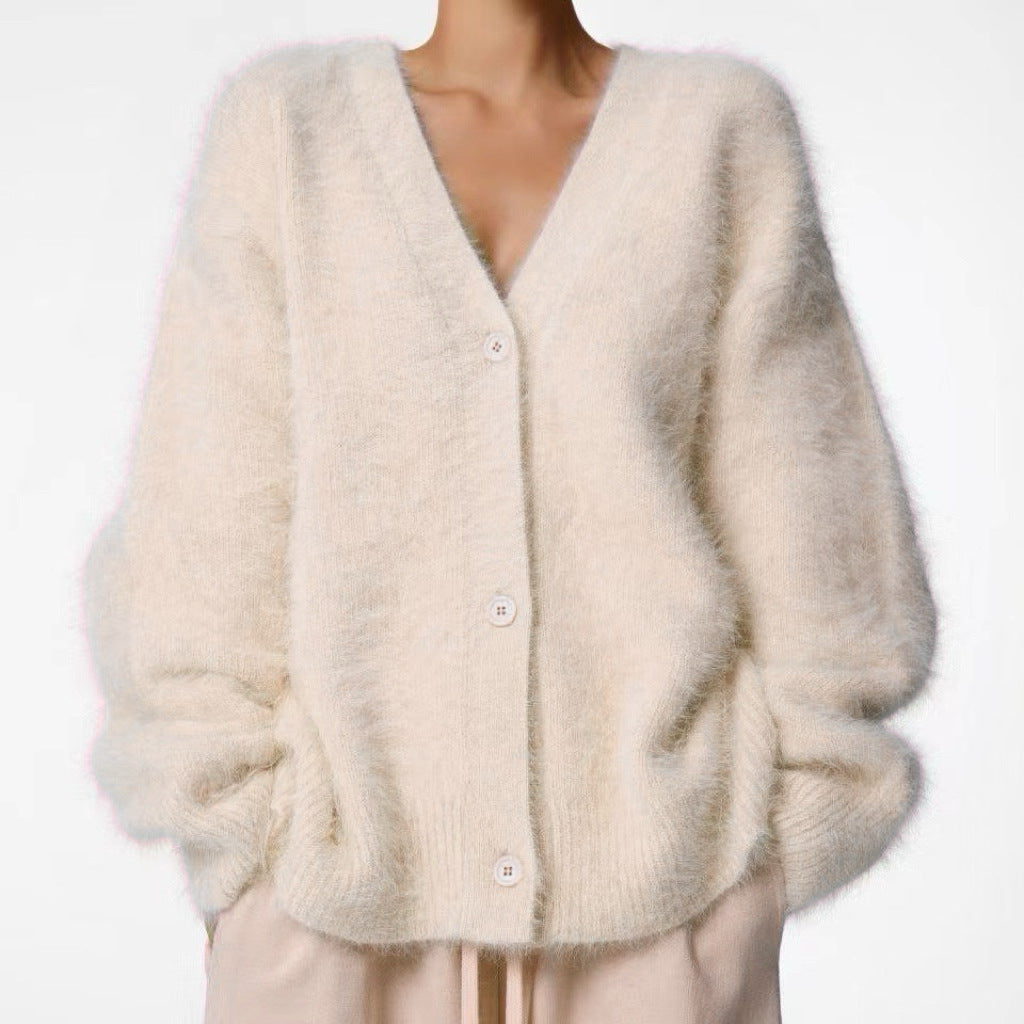 Women's Fluffy Oversize Button Cardigan with Deep V-Neck and Insert Pockets Mune Fashion