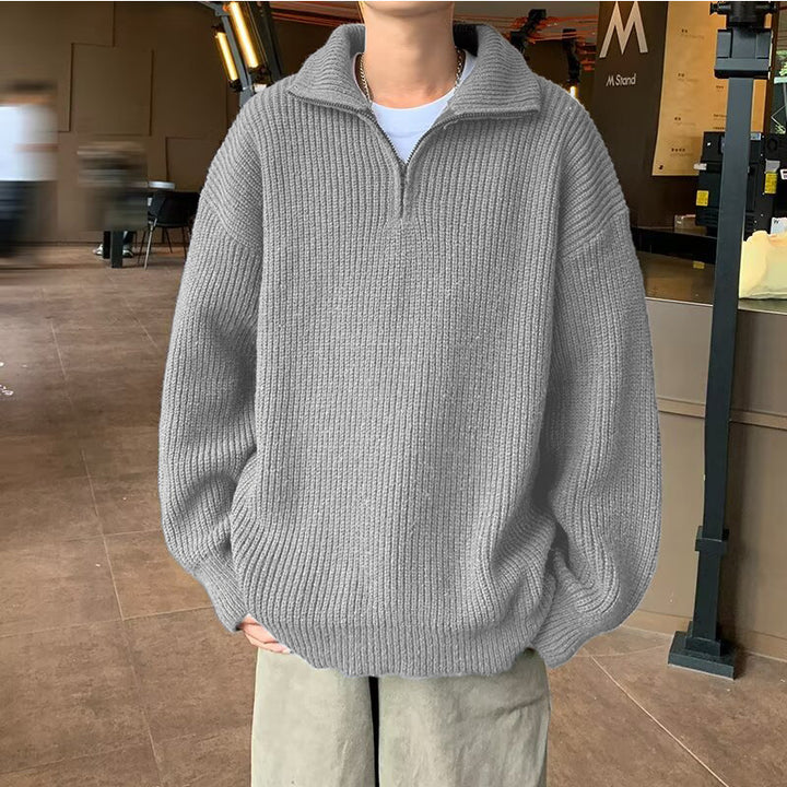 Men's Soft Oversized Ribbed Knit Sweater with Concealed Half Zip and Polo Collar Mune Fashion