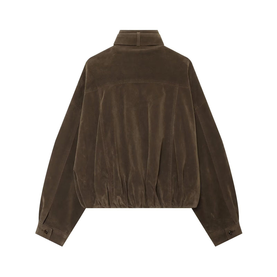 Women's Oversize Suede Bomber Jacket with High Stand Collar and Zipper Pockets Mune Fashion