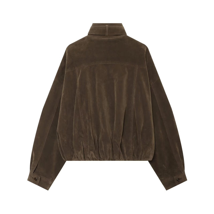 Women's Oversize Suede Bomber Jacket with High Stand Collar and Zipper Pockets Mune Fashion