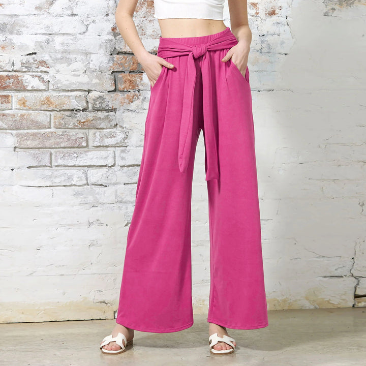 Women Wide Jersey Pants with High Waist and Tie Belt Mune Fashion