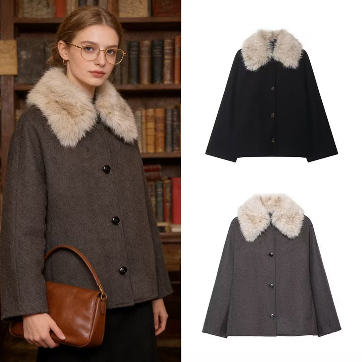 Women's wool cape with removable faux fur collar and concealed button placket Mune Fashion