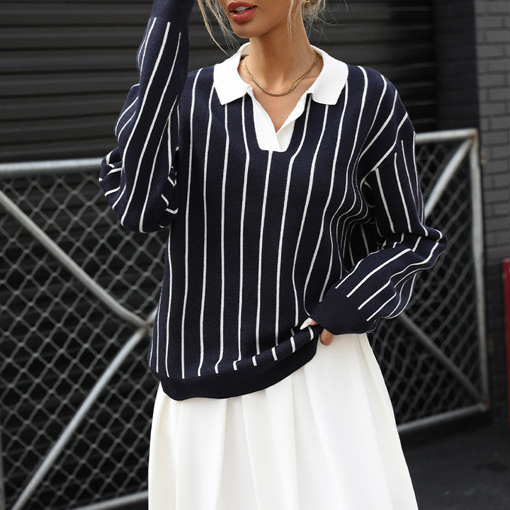 Women's Fashionable Sweater with Polo Collar and Striped Design Mune Fashion