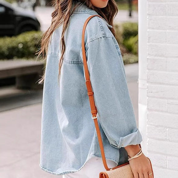 Women’s Oversized Denim Shirt with Button Placket and Chest Pockets Mune Fashion