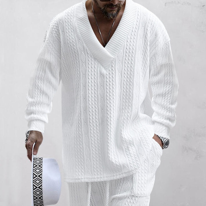 Men's oversized cable knit V-neck sweater with relaxed pants set Mune Fashion