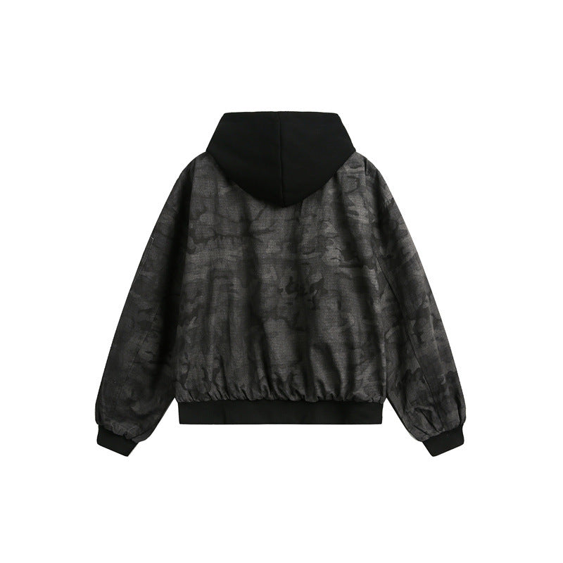 Men's short-cut oversized bomber in layer look with integrated hood and camouflage jacquard fabric