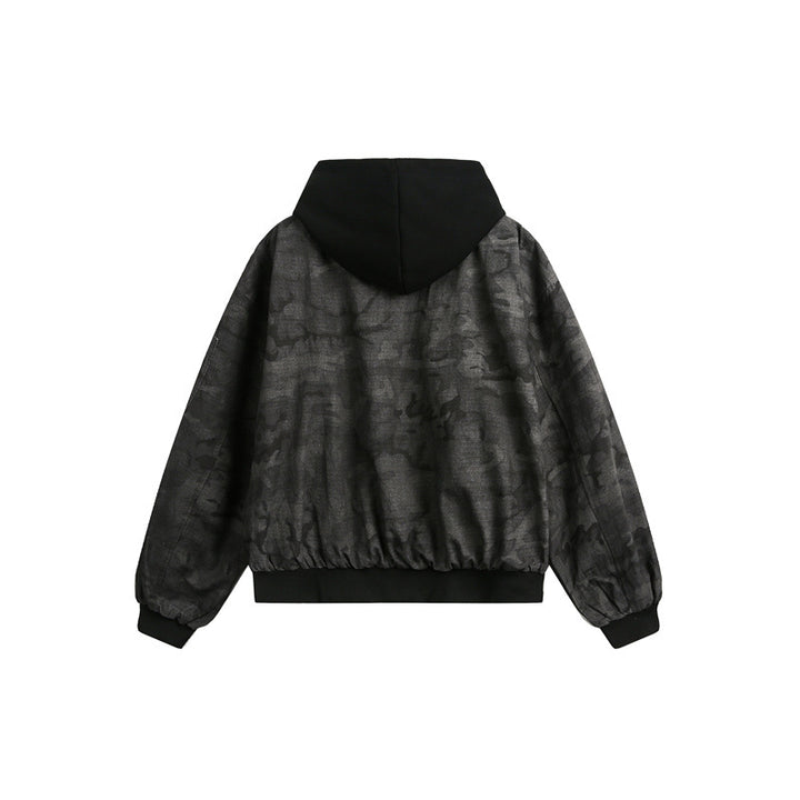 Men's short-cut oversized bomber in layer look with integrated hood and camouflage jacquard fabric