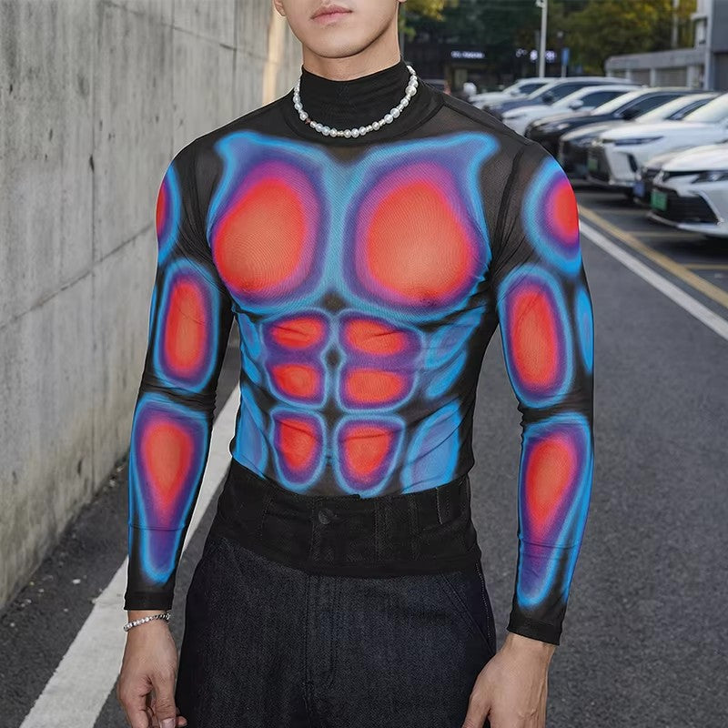 Men's Transparent Mesh Long Sleeve Shirt with 3D Muscle Print Mune Fashion